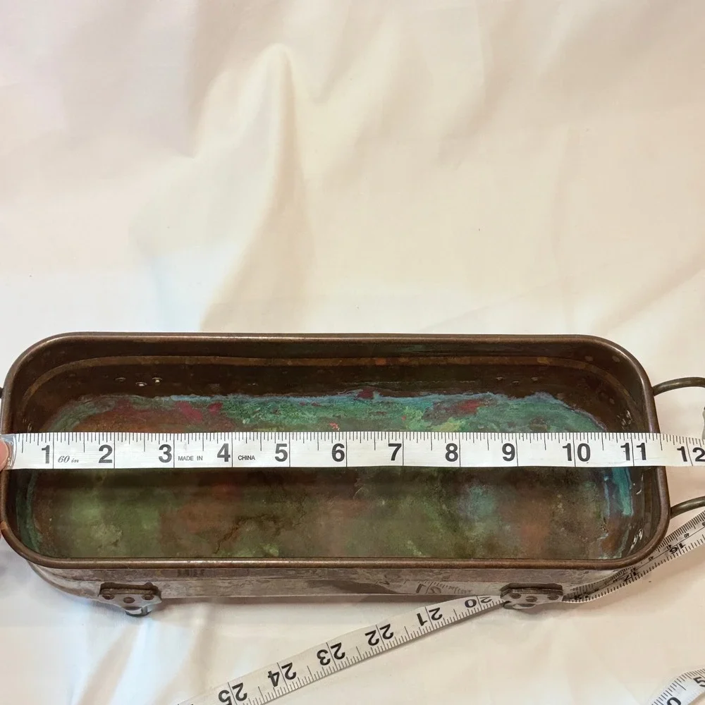 Vintage‎ Footed Copper Brass Jardiniere Planter Pot Delft Porcelain Handles Farm